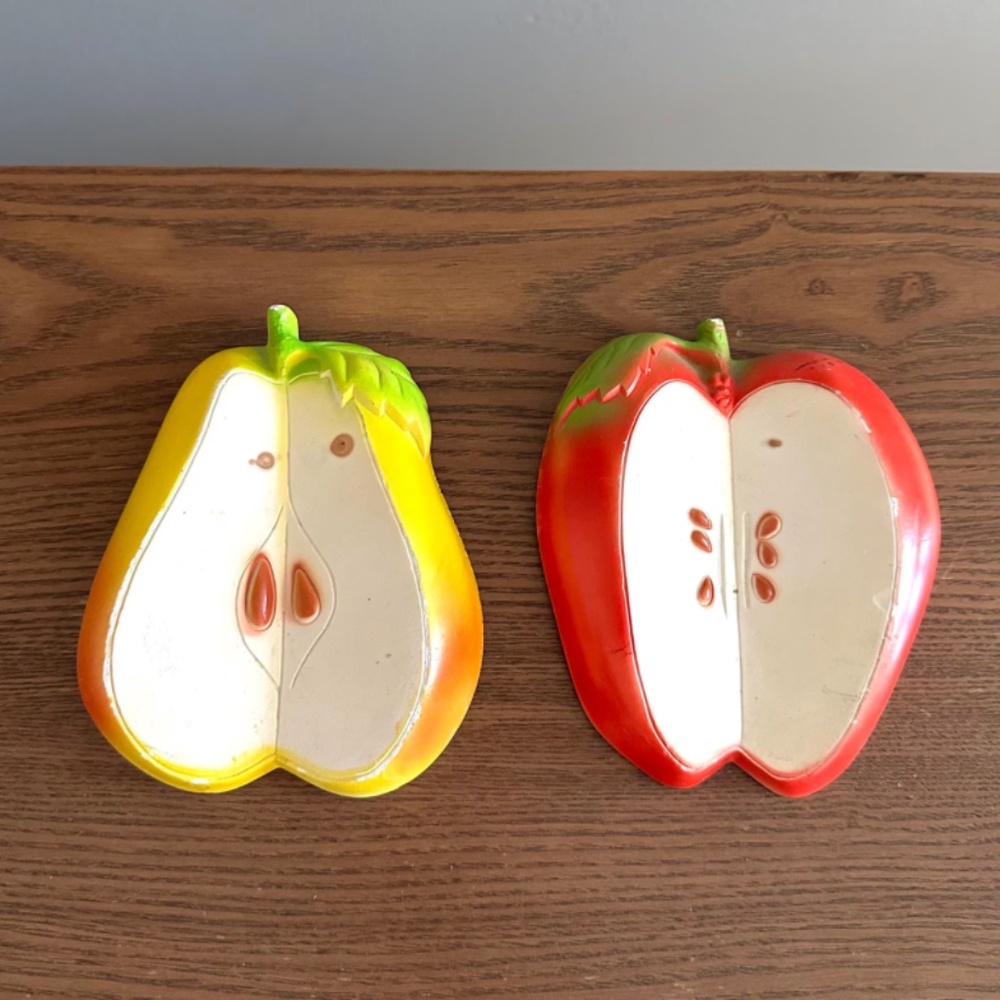 Vintage 1973 Miller Studio Inc. Chalkware Apple and Pear Wall Hangings • MCM